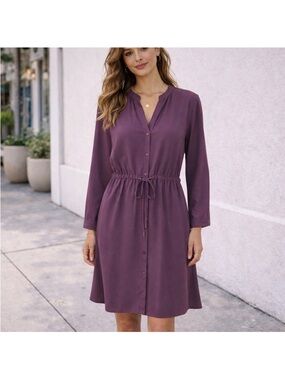 Eileen Fisher Plum Tencel Viscose Shirt Dress XL Drawstring Waist Minimalist